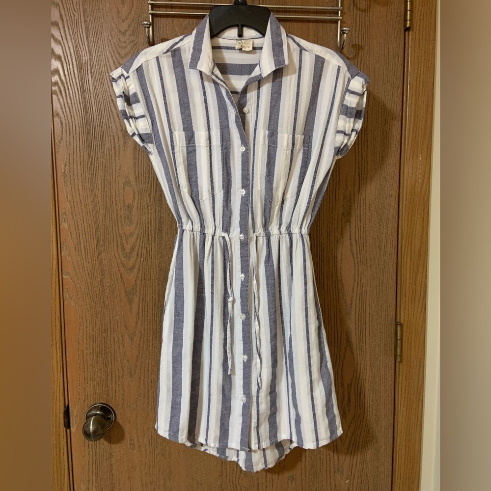 Boutique Blue and White Mini Dress with Buttons and Tie Front